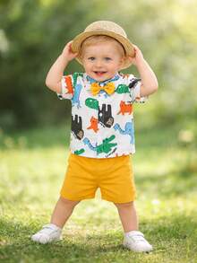 SHEIN Playful Pals 2pcs/Set Baby Boy Cute Animal Print Polo Shirt And Shorts,White,Summer,Casual,Family Matching,Party,Infant Toddler Newborn Zoo Dinosaur Outfit - Yellow - View 3