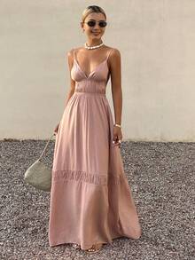 Livesso Pink Spaghetti Strap Tie Waist Midi Dress, Suitable For Beach Party, Holiday, Summer - Pink - View 5