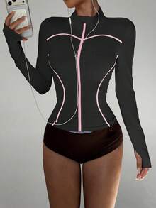 Sovereign Charm 女士秋冬运动夹克，紧身立领，撞色滚边，带拇指孔，适合日常休闲穿着、跑步、瑜伽、健身、网球、高尔夫等。 - 黑色 - 查看 3