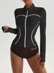 Sovereign Charm 女士秋冬运动夹克，紧身立领，撞色滚边，带拇指孔，适合日常休闲穿着、跑步、瑜伽、健身、网球、高尔夫等。 - 黑色 - 查看 6