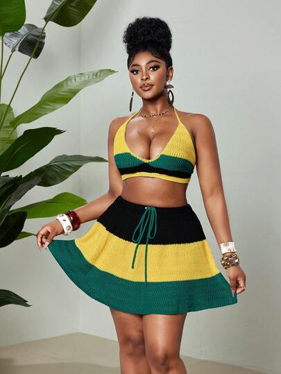 Maweii Women's Casual Minimalist Daily Sexy Contrast Color Young Fashion Resort Beach Deep V Halter Backless Crop Top And Low Waist A-Line Hem Tie Waist Mini Dress Plus Size Sweater Set, Spring/Summer