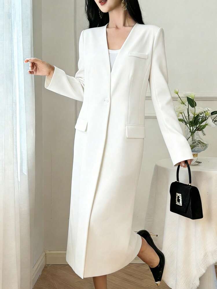 V-Neck Elegant Long Sleeve White Blazer Jacket, Suitable For Commuting In Spring And Summer