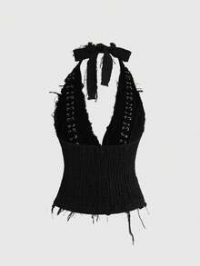 ROMWE Grunge Punk Áo crop top denim bó sát kiểu punk cổ yếm gợi cảm phong cách Y2K với đinh tán và khoen kim loại - màu đen - Xem 2