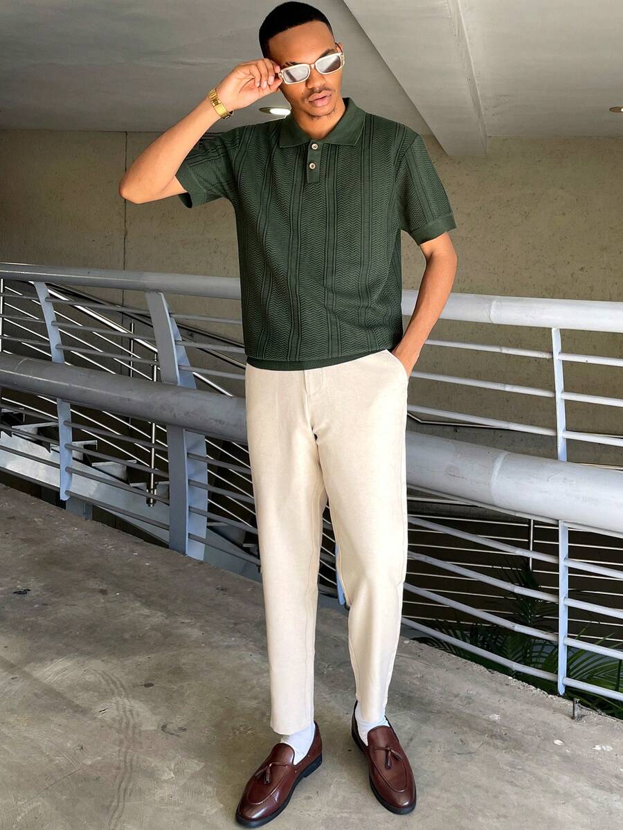 Ngobest Haus Ngobest Haus 男式纯色短袖休闲高领针织上衣 - 綠色 - 查看 1