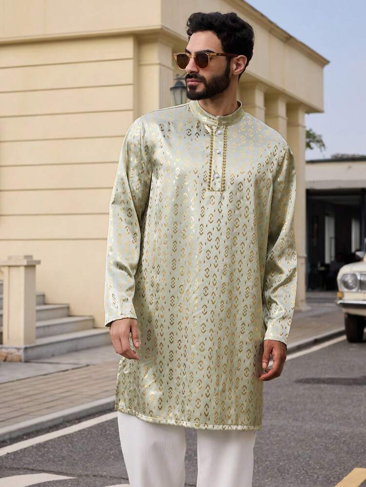 Spring Long Sleeve Men's Shirt, Apricot Color, Satin Material, Middle Eastern Style Summer