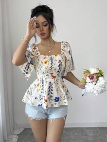 Elenzga 女士优雅印花收腰衬衫，夏季 - 杏色 - 查看 3