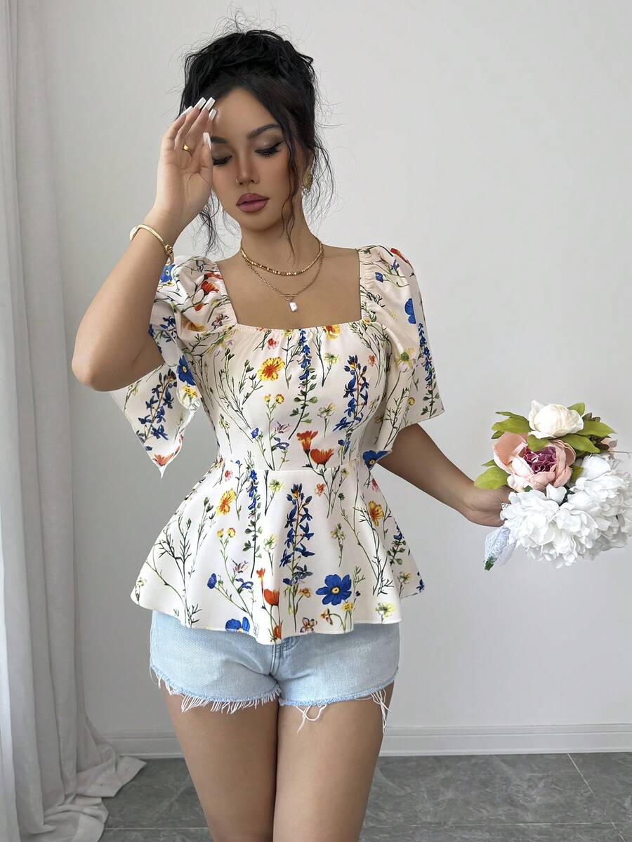 Elenzga 女士优雅印花收腰衬衫，夏季 - 杏色 - 查看 1