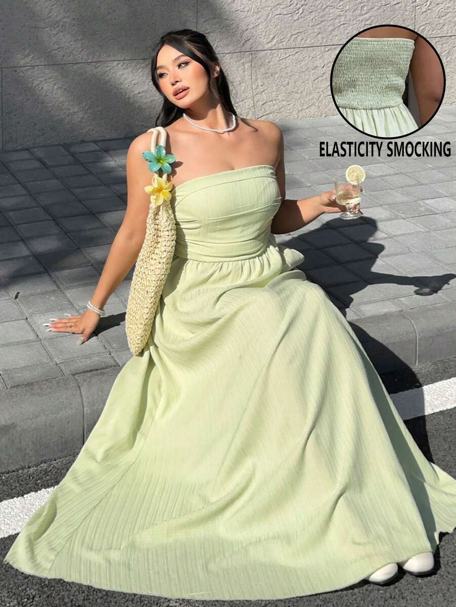 GalTyme 大码休闲简约抹胸连衣裙 - 綠色 - 查看 1