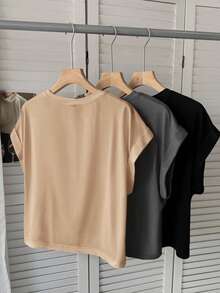 SHEIN LUNE 3件套女士休闲纯色基础款短袖T恤套装，纯色上衣，简约短袖上衣，基础款上衣，舒适上衣，女士休闲套装，女装，纯色T恤，女士短袖上衣，夏季上衣，女士基础款上衣，基础款女装 - 彩色 - 查看 2