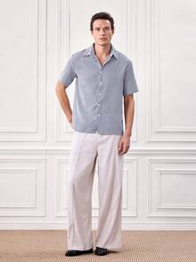 Men's Vintage Coin Texture Striped Short Sleeve Shirt, Casual Versatile Style Suitable For All Seasons - Navy Blue - View 5