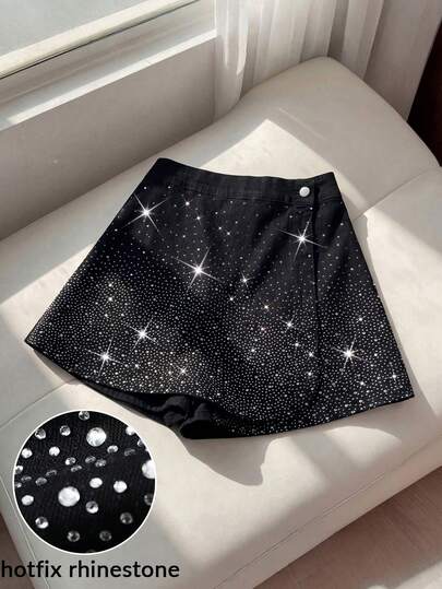EMERY ROSE Plus Size Women Denim Skorts With Waist Button & Rhinestone Decor, Fashion Party Luxury Diamond Sparkling Pearl Black Skirt