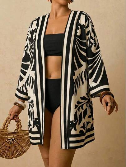 Travachic 플러스 사이즈 여성 트로피컬 프린트 루즈 드롭 숄더 커버업, 수영복 커버업, 비치 기모노, 새해, 추수감사절, 크리스마스, 비치, 여성을 위한 비치, 비치 세트, 여성을 위한 비치, 비치 패션, 여성 비치 패션