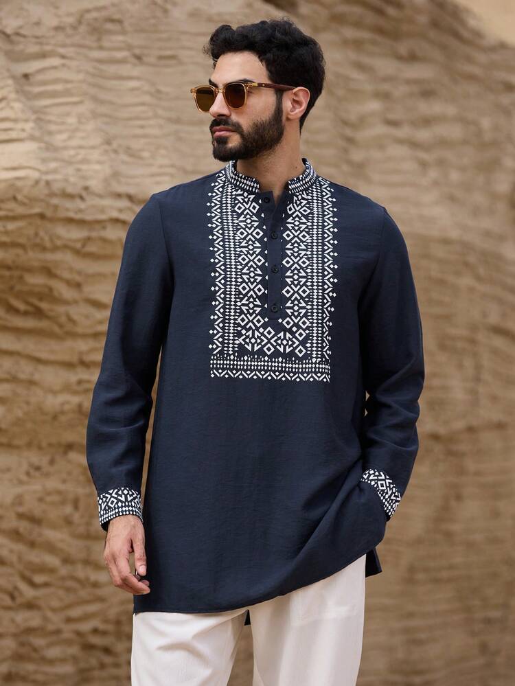 Mid-Length Long Sleeve Shirt For Men With Floral Collar Design
