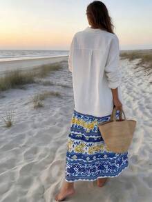 Balvessa Blue Printed Layered Ruffle Skirt For Women, Vacation - Blue - View 2