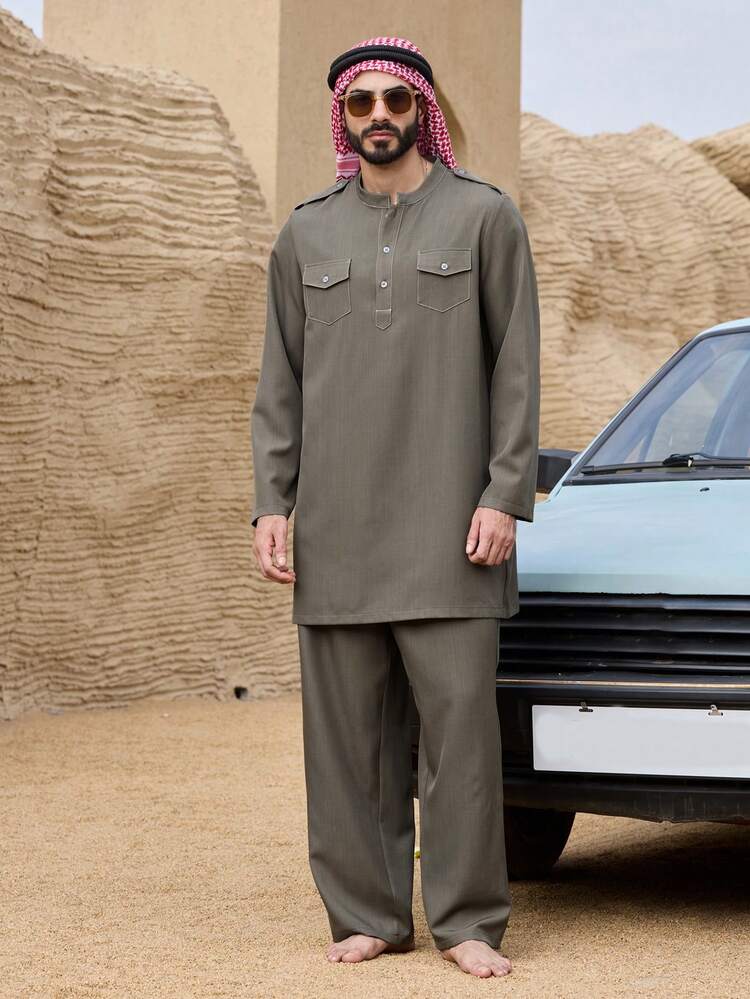 Spring Solid Color Men's Button Half-Placket Pocket Long Sleeve Shirt And Pants Set Summer