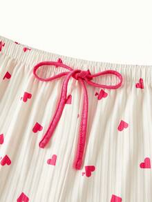 Heart Print Button Front Cami Top & Tie Front Shorts PJ Set / Pajama Set - Hot Pink - View 8