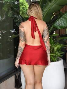 Arliah Glamine Elastic Satin V-Neck Backless Party Mini Dress For Women Red Christmas Party Dress New Year Women's Clothes Women Sexy Deap V Neck Mini Party Dress - Red - View 2