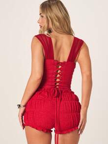 MISSGUIDED Top corset con volantes de malla, con detalle de cordones en la espalda, escote cuadrado, Body estructurado y longitud corta, perfecto para ocasiones especiales nocturnas - Rojo - View 3