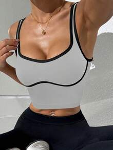 Slayform Contrast Trim Scoop Neck Fashionable Backless Sports Tank Top For Summer - Flint Stone - View 3