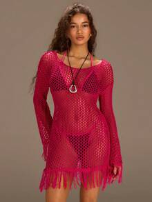 Athîral 女士镂空针织流苏下摆度假沙滩裙 - 粉色 - 查看 4