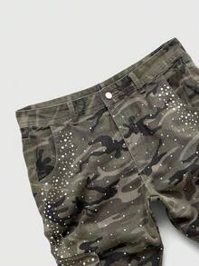 ROMWE MEN Quần jean denim nam họa tiết rằn ri nhiều lớp, đính kim cương lấp lánh. - xanh quân đội - Xem 3