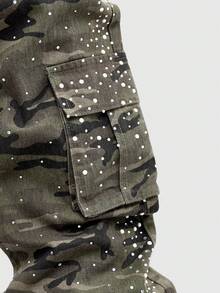 ROMWE MEN Quần jean denim nam họa tiết rằn ri nhiều lớp, đính kim cương lấp lánh. - xanh quân đội - Xem 4
