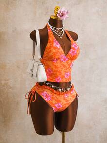 Swim Vcay Bộ bikini hai mảnh in hoa dành cho nữ, áo cổ yếm và quần bikini buộc dây có bèo nhún, thích hợp cho mùa hè. - Nhiều màu - Xem 4