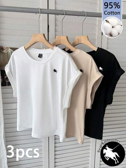 SHEIN LUNE 3 Stücke/Set Damen Lässig einfarbiges Pferd Stickerei Basic Kurzarm T-Shirt, geeignet für Ausflüge, Familienkleidung, Schwestern-Matching, Chic, Urlaub, Strand