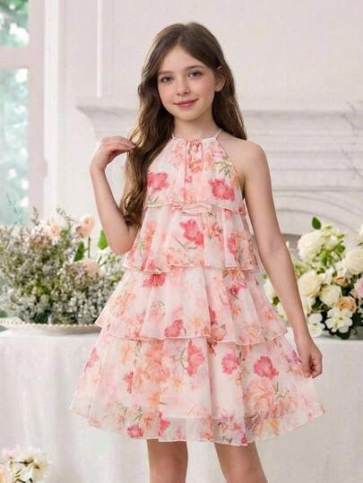 Tween Girl Loose Elegant Halter Neck Sleeveless Ruffle Floral Print Chiffon Midi Dress Elegant  Wedding Outfits