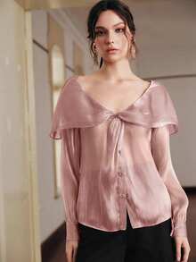 Áo kiểu nữ Anewsta màu tím thanh lịch tay dài cổ chữ V khoét ngực, thiết kế thắt nút xoắn phía trước vai, chất vải nhẹ bóng, thích hợp cho mùa xuân, hè, đi chơi, dự tiệc, thường ngày, ngày Valentine. - Bụi hồng - Xem 5