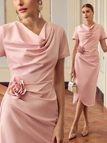 ZEYLAH Asymmetric Ruffle Neck Fashionable Pink Dress For Women - Pink - View 1