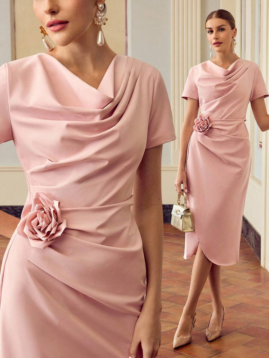 ZEYLAH Asymmetric Ruffle Neck Fashionable Pink Dress For Women - Pink - View 1
