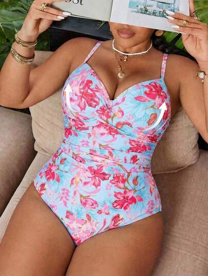 Swim Vcay 1 pieza Traje de baño de una pieza casual con estampado aleatorio para mujer de talla grande