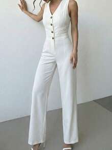 Conjunto 2 piezas Chaleco y pantalón mujer elegante, corte sastre, botones al frente, traje sofisticado para eventos formales y casuales tejido ligero cuelloescote V pantalón largo tipo sastre pierna recta, cómodo fresco eleganate día noche fiesta evento jardín primavera verano día noche fiesta evento calle diario - Blanco - Ver 7