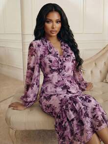 Anewsta Spring & Summer Floral Print Bodycon Layered Ruffle Hem Fishtail Vacation Holiday Sheer Skirt For Women - Mauve Purple - View 3