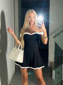 SHEIN ICON Women's Contrast Color Off-Shoulder Halter Neck Fashionable Mini Dress - Black and White - View 1