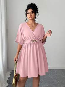 Elenzga Women's Casual V-Neck Cinched Waist Waist Short Elegant Red Evening Dress, Summer - Baby Pink - View 5