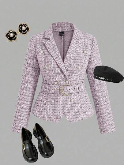 SHEIN MOD Plus Size Women's Elegant Notched Collar Double-Breasted Blazer Jacket, Vintage Style, Autumn/Winter Tweed Jacket Women Blazer Skirt Set Rich Woman Clothes Womens Blazers Tweed Two Piece Set