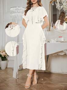 Modelyn Women's Solid Color Knotted Ruffle Hem Elegant Waist Cinched Long Dress, Suitable For Dates And Parties - Apricot - View 3