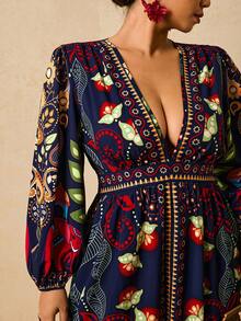 Travachic 秋冬大码复古波西米亚风印花长袖女式连衣裙 - 藏蓝色 - 查看 7