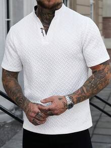 Manfinity Homme 极简主义时尚字母刺绣缺口领男士T恤 - 白色 - 查看 4