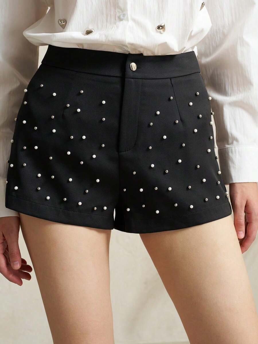 Airaco Quần short nữ đính cườm trang trí, thích hợp cho mùa hè. - màu đen - Xem 1