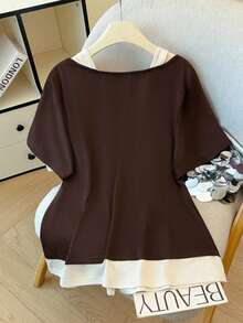 GlowEve CURVE Áo thun nữ tay ngắn cổ chữ V màu trơn dáng rộng, chất liệu vải dệt kim, thời trang và thoải mái khi mặc hàng ngày, đi làm và đi chơi - Cà phê nâu - Xem 2