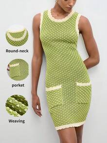 Maija Women's Contrast Color Round Neck Sleeveless Hollow Knitted Dress,Green Casual Body Fitting Summer Holiday Vacation Outfits With Dual Pocket,Autumn - Green - View 1