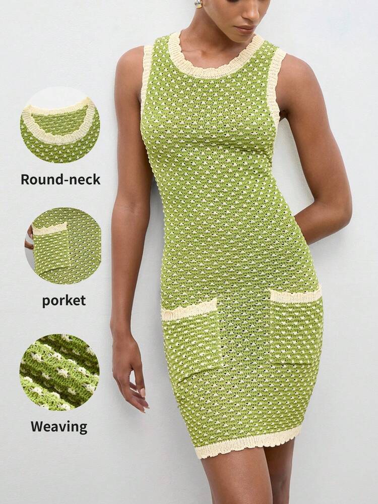 SHEIN Maija Outfit Deas For Dress,Women's Contrast Color Round Neck Sleeveless Hollow Design Dual Pocket Knitted Dress,Going Out Outfits,Casual Dresses For Women ,Summer Holiday Outfits ,Beach Vacation Outfits For Women,Vacation Outfits Women,Summer Holiday Outfits ,Beach Vacation Outfits For Women Body Fitting Dress Sleeveless Dress Green Summer Dress Work Dresses For Women