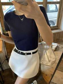 DAZY Áo thun nữ tay ngắn cổ tròn màu trơn kiểu Hàn Quốc thường ngày - Màu xanh lam - Xem 2