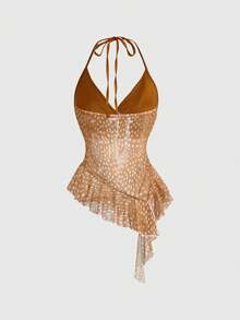 ROMWE Áo tank top nữ in hình hươu dễ thương kiểu Kawaii với viền bèo nhún và vạt áo bất đối xứng - Màu Khaki - Xem 2