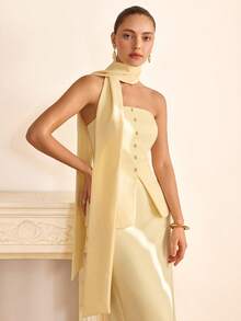 Women's Elegant Tie-Waist Button Bandeau Top And Straight Skirt Suit Set - Light Yellow - View 1