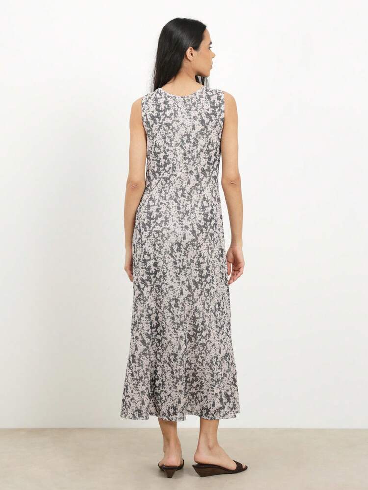 KSTM Sleeveless Cowl Neck Abstract Printed Midi Dress With Elegant Draping For Spring Summer Occasions