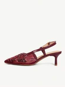 CUCCOO CHICEST New Burgundy Embroidered Mesh Beaded Square Toe Stiletto Heel Elegant Party Ankle Strap Pumps For Women Wedding Shoes Spring Shoes Bride Shoes - Burgundy - View 7